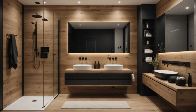 salle de bain avec bois et robinetterie noire